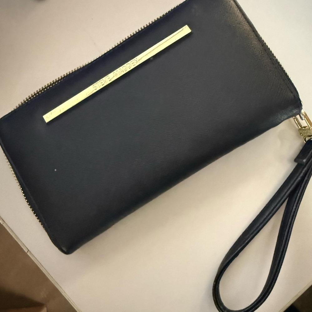 Steve Madden Black Leather Wristlet with Gold Accent